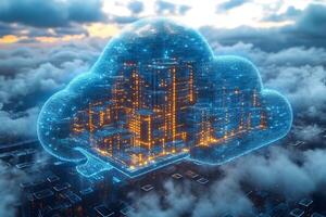Futuristic Cloud Computing City Surrounded by Digital Atmosphere and Data Networks photo