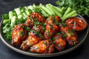 Spicy Buffalo Chicken Wings with Celery and Dipping Sauce for a Perfect Appetizer photo
