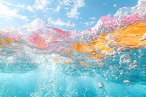 Vibrant Underwater Scene with Colorful Water Bubbles and Clear Blue Sky photo