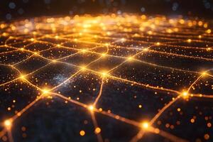Abstract Network of Glowing Orange Lights on Black Surface for Digital Technology Design photo