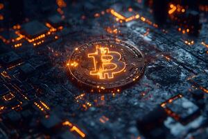 Digital Currency Revolution Illuminated Bitcoin Concept on Circuit Board for Tech Design photo