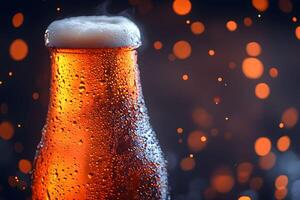 Cold Beer Bottle with Condensation and Bokeh Lights for Refreshment and Celebration photo