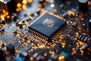 High-Tech Circuit Board with Glowing Microchip for Technology and Innovation Design photo