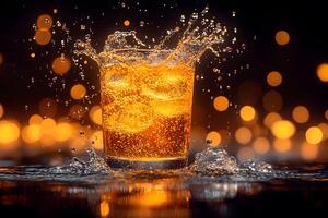 Refreshing Splash of Whiskey with Ice - Perfect for Beverage and Bar-Themed Designs photo