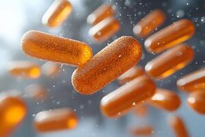 Abstract Close-up of Floating Effervescent Orange Capsules for Health and Wellness Concepts photo