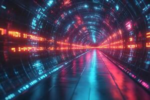 Futuristic Digital Data Tunnel with Neon Lights for Technology Concept Art photo