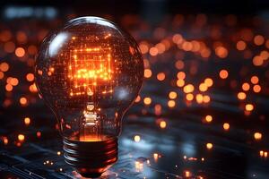 Futuristic Digital Innovation Concept with Illuminated Light Bulb on Circuit Board photo