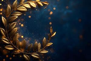 Elegant Golden Leaf Wreath on Dark Blue Bokeh for Festive Design photo