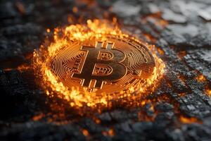 Fiery Bitcoin Cryptocurrency Symbol on Digital Circuit Background for Investment Concepts photo