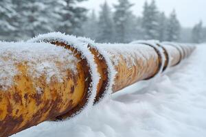 Snow-Covered Pipeline in Winter Forest for Energy and Environment Themes photo