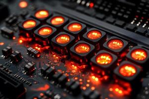 Futuristic Circuit Board with Glowing Red Lights - Technology Innovation Concept for Posters or Backgrounds photo