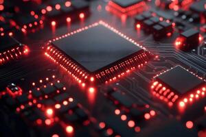 Futuristic Technology Microchip with Illuminated Red Circuit Board Design photo