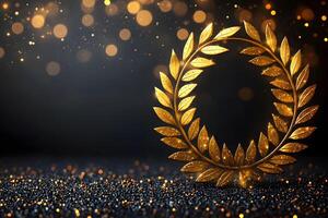 Golden Laurel Wreath on Glittering Surface with Bokeh Lights photo