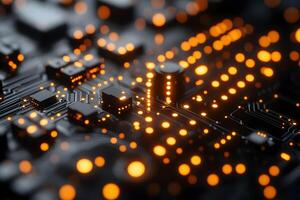 Futuristic Circuit Board Design with Glowing Orange Lights for Technology Concepts photo