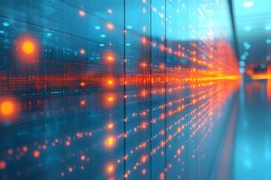 Digital Data Transfer Concept Futuristic Blue and Orange Light Patterns in Technology Environment photo