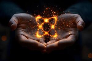 Concept of Energy and Innovation with Glowing Atom in Hands for Science and Technology Design photo