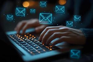 Digital Communication and Networking with Person Typing Emails on Laptop for Business and Work photo