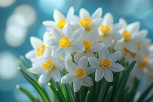 Spring Bouquet of White and Yellow Daffodils with Soft Blue Bokeh Background photo