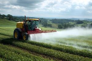 Agricultural Machinery in Action Tractor Spraying Fertilizer on Verdant Field for Enhanced Crop Yield photo