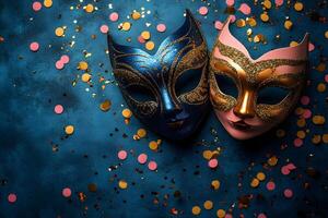 Festive Masquerade Masks with Glitter on Blue Background for Carnival Celebration photo