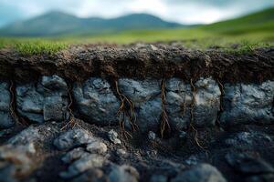 Cross-Section of Soil with Roots in Lush Landscape for Educational and Environmental Design photo