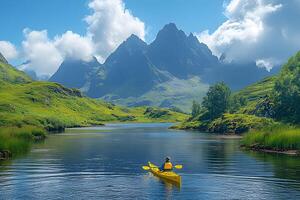 Kayaking Adventure in Serene Mountain Lake with Majestic Peaks and Lush Greenery photo