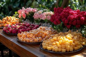 Elegant Outdoor Buffet with Fresh Fruit and Luxurious Floral Arrangements for Garden Events photo