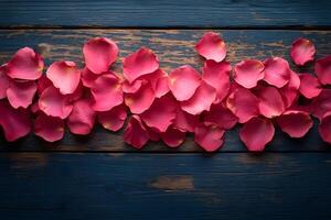 Red Rose Petals Spread on Rustic Wooden Surface Nature's Elegance for Interior Design and Decor photo