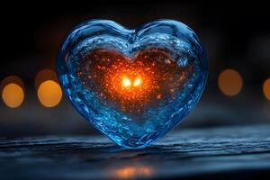Heart-Shaped Glass with Glowing Core Against Bokeh Background for Valentine's Design photo
