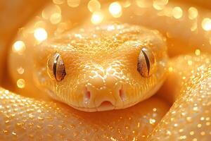 Vibrant Close-Up of a Golden Snake with Shimmering Scales and Bokeh Background photo