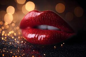 Glamorous Red Lips with Glitter and Bokeh Lights photo