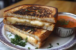 Grilled Cheese Sandwich with Tomato Soup on Rustic Plate for Comfort Food Lovers photo