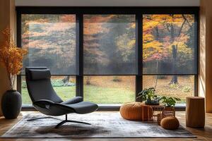 Cozy Autumn Interior with Modern Lounger and Scenic Forest View photo