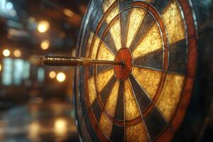 Focus and Precision Dart in Bullseye on Vibrant Dartboard - Perfect Aim Concept for Success photo