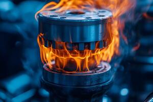 Engine Piston in Flames Concept of Power and Mechanics for Industrial Design photo