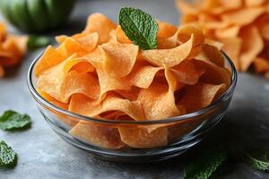 Fresh Sweet Potato Chips in Glass Bowl with Mint Garnish - Perfect for Culinary Display and Snack Concepts photo