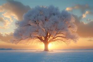 Solitary Winter Tree at Sunset with Snow-Covered Branches in Scenic Landscape photo
