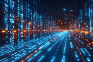 Futuristic Digital Cityscape with Binary Code and Glowing Lights for Technology Themes photo