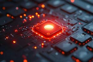 Futuristic Tech Microchip with Glowing Red Light - Abstract Digital Technology Design photo