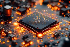 Technology Innovation Close-Up of a Microchip on a Glowing Circuit Board for Digital Design photo