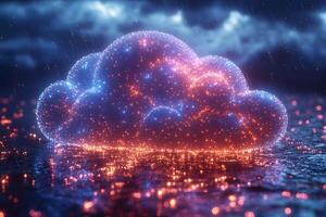 Glowing Digital Cloud in Rain at Night - Futuristic Technology Concept for Innovation and Creativity photo