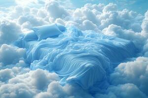 Dreamy Bed Floating on Clouds for Tranquil Sleep Concept and Relaxation Design photo
