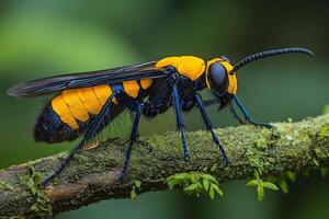 Vibrant Yellow and Black Wasp on Mossy Branch - Nature Macro Photography photo
