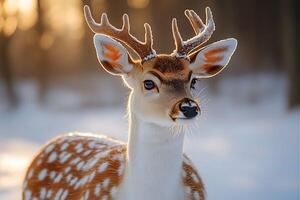 Majestic Winter Deer Portrait in Snowy Forest with Soft Sunlight photo