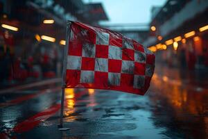Rainy Race Day Scene with Checkered Flag in Pit Stop Area photo