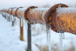 Winter Weathered Pipeline with Rust and Icicles in a Snowy Landscape photo
