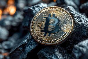 Bitcoin Cryptocurrency Concept on Coal Background for Finance and Mining Industries photo