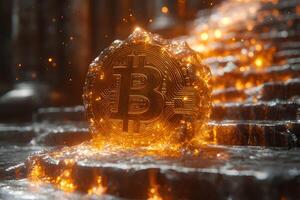 Glowing Bitcoin Concept in Molten Stone with Digital Currency Theme for Creative Designs photo