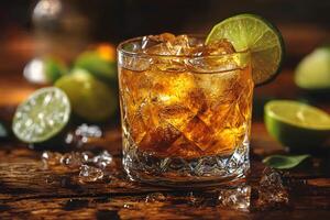 Refreshing Lime Cocktail on Rustic Wooden Bar Beverage Garnished with Ice and Citrus photo