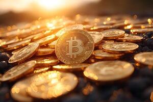 Golden Bitcoin Cryptocurrency Concept in Sunlit Landscape - Investment and Blockchain Technology Theme photo
